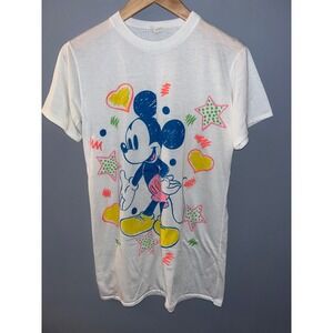 Vintage Mickey Mouse Neon Graphic T Shirt White Youth Size 12 14